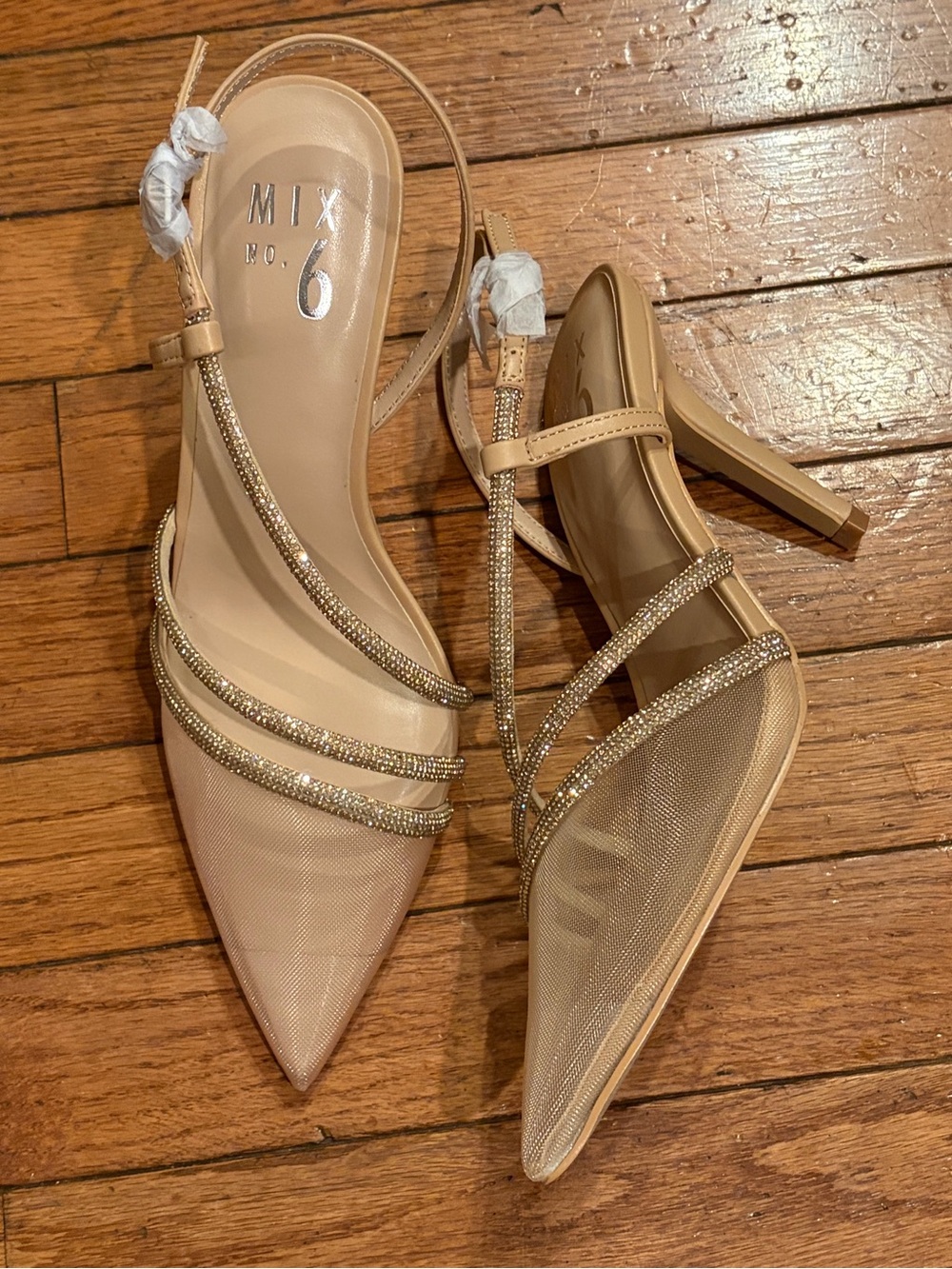 Mix No. 6 Gold-Tone Nude Pointed Toe Slingback Heels with Rhinestone Straps